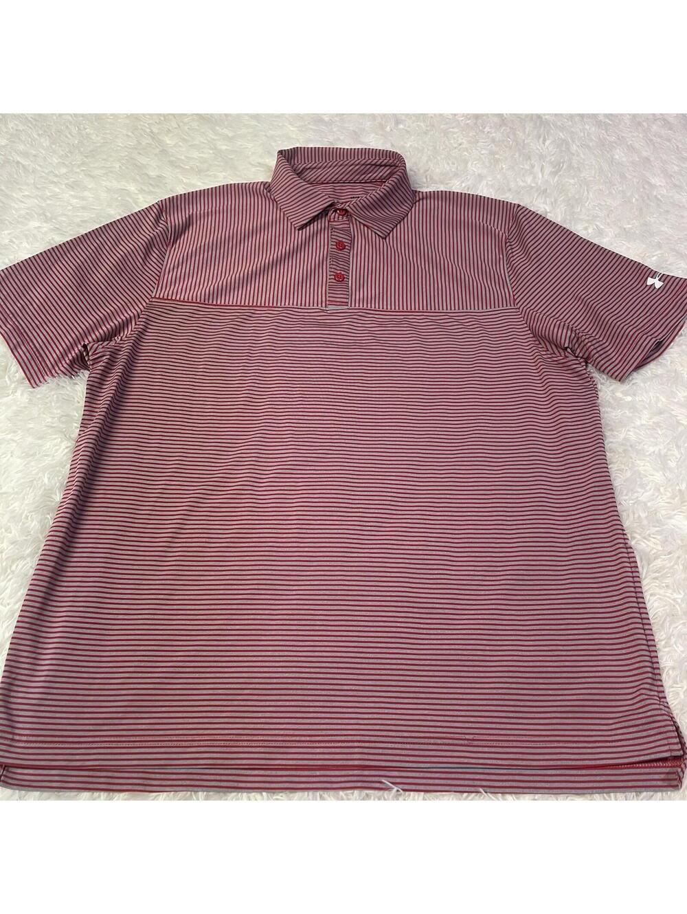 Under Armour HeatGear Polo Shirt Mens L Red Stripe Golf Performance Loose Fit